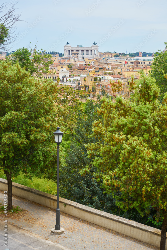 View of roofs of Rome through trees.