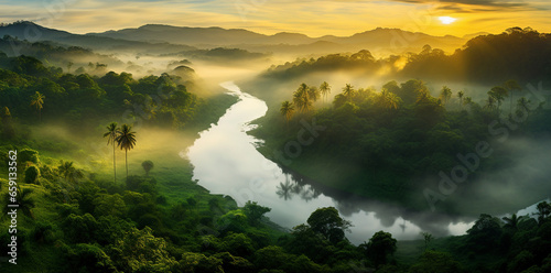 Aerial view captures the tranquil beauty of a rainforest dawn in gold hues.