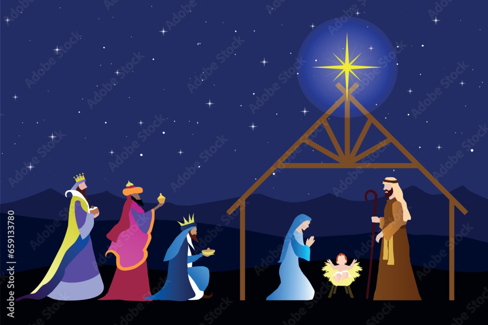 Christmas Nativity Scene: The Adoration of Three Wise Men. Christmas Nativity Scene: The Adoration of Three Wise Men.