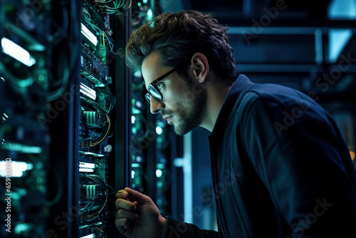 Technician in glasses examines digital machine in a server room with precision