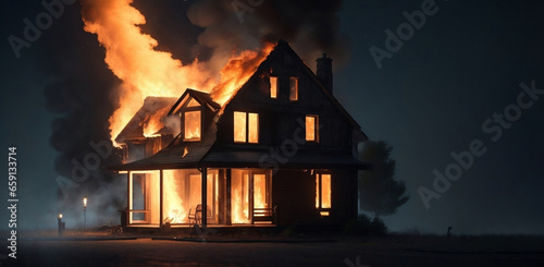 Fire in a house, burning country cottage, flame in a country house. Dangerous accident at home. Generative AI.