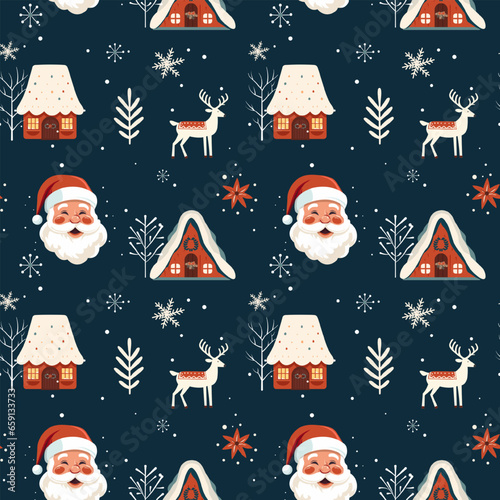 Winter seamless pattern with scandinavian houses santa klaus. Christmas vector pattern. Winter background design.