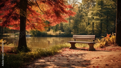 A wooden bench nestled in an autumn park, surrounded by vibrant foliage and peaceful serenity