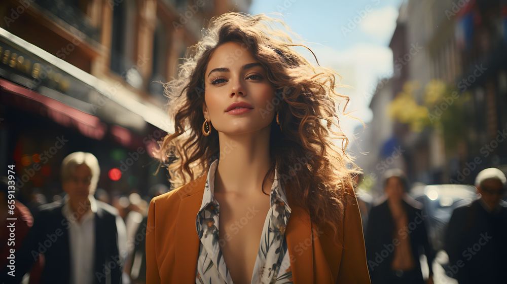 Fototapeta premium stylish young single woman walking on a busy street on a sunny day. cinematic low angle image of a pretty elegant caucasian lady.