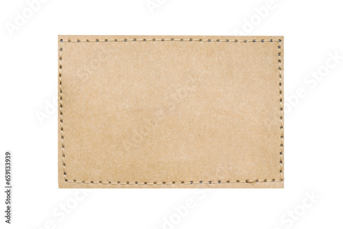 Brown suede belt strap closeup isolated on white. Brown stitched leather seam frame label tag. Empty copy space fashion background. Stitch patch cutout.