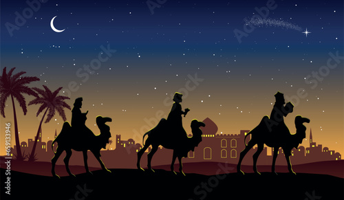 Christmas Nativity Scene: Three Wise Men go to Bethlehem in the desert at night.