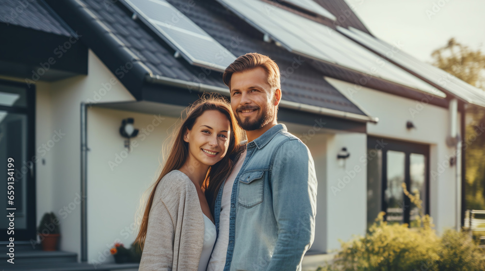 couple holding each other in arms in front of a house, smiling couple holding each other in arms in front of a house, smiling