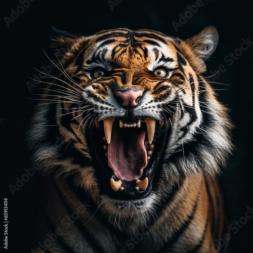 close up portrait of a roaring tiger  generative ai