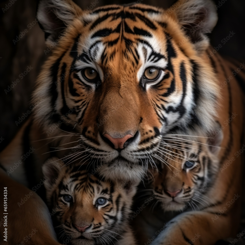 close up portrait of tiger family, mother and cubs, generative ai close up portrait of tiger family, mother and cubs, generative ai