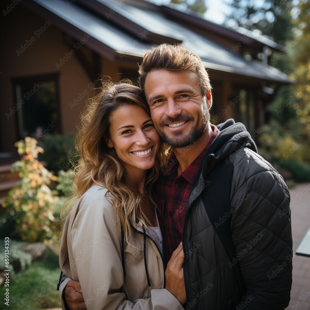 couple holding each other in arms in front of a house, smiling