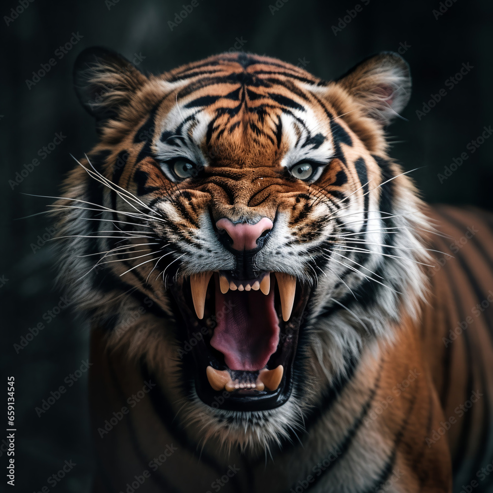 Naklejka premium close up portrait of a roaring tiger, generative ai