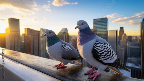 Feathered friends in the city: Pigeons cuddle on a rooftop railing. Discover the heartwarming moments of urban birdlife