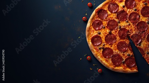  a pepperoni pizza cut in half on a black surface. generative ai