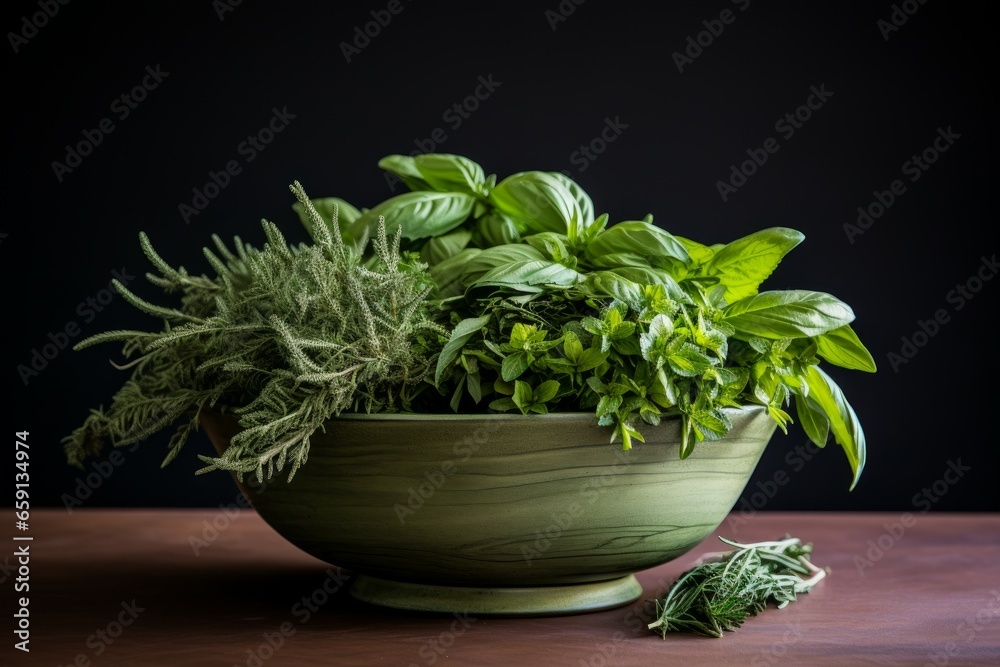 Vibrant Fresh herbs bowl. Herb basil food. Generate Ai Vibrant Fresh herbs bowl. Herb basil food. Generate Ai