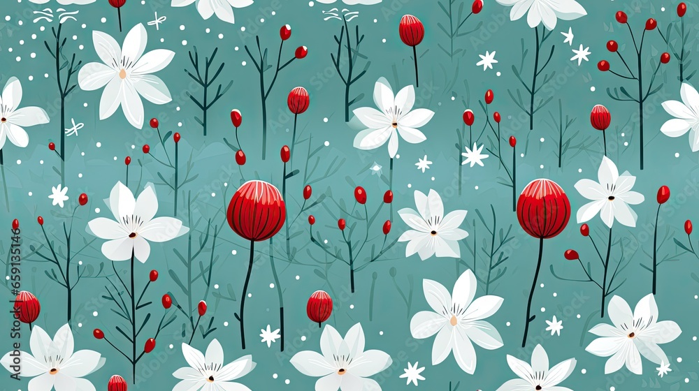  a painting of white flowers and red berries on a blue background.  generative ai