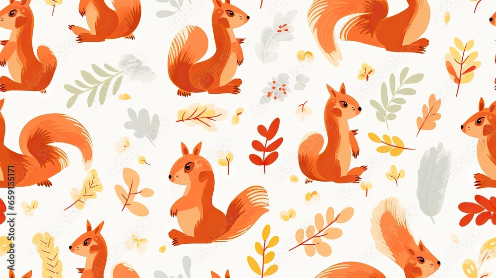 a pattern with a squirrel and leaves on a white background. generative ai a pattern with a squirrel and leaves on a white background. generative ai