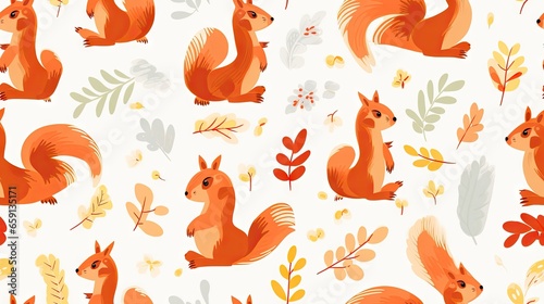  a pattern with a squirrel and leaves on a white background.  generative ai © Olga