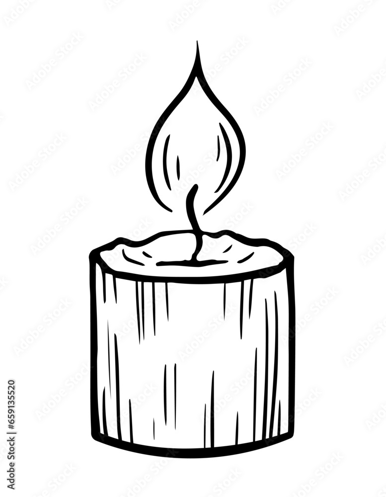 Burning paraffin candle. A spark of flame. Aromatic accessory for home, spa salon. Black and white vector illustration. Sketch hand drawn line Burning paraffin candle. A spark of flame. Aromatic accessory for home, spa salon. Black and white vector illustration. Sketch hand drawn line