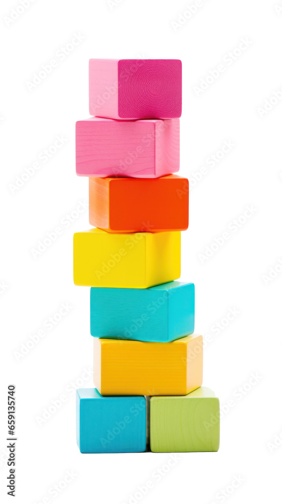 Colorful blocks stacked high in a tower, ready to topple isolated Colorful blocks stacked high in a tower, ready to topple isolated