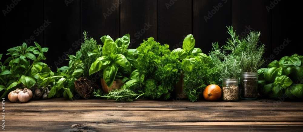 Herbs on rustic table Herbs on rustic table
