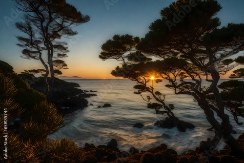 Setting sun by the sea with Japanese trees and stars in the sky - AI Generative