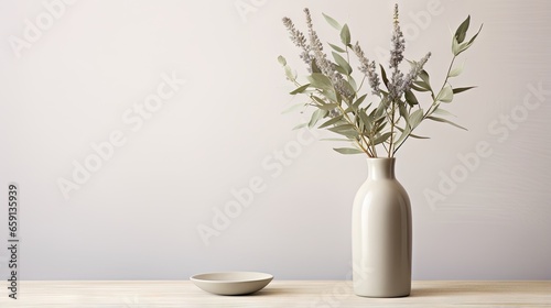  a white vase with a plant in it next to a bowl.  generative ai