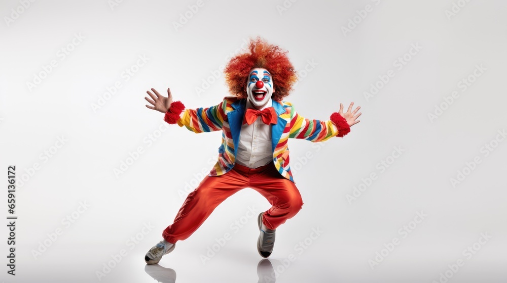 A funny and colorful clown, full of laughter and joy, stands against a pristine white background.