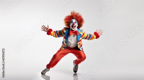 A funny and colorful clown, full of laughter and joy, stands against a pristine white background."