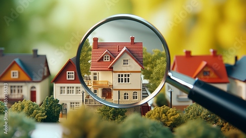 Searching for house lodging and property with magnifying glass. Hunt for new house or home: real estate loan, mortgage, investments, and housing development concept