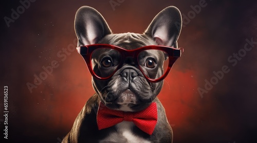 elegant image of a stylish dog in glasses and a bow tie, showcasing its formal and sophisticated side. © pvl0707