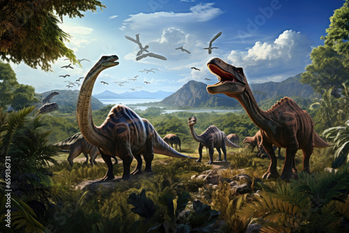Obraz Dinosaurs in the Triassic period age in the green grass land and blue sky background, Habitat of dinosaur, history of world concept.