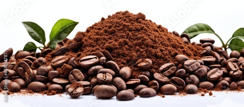 Pile of coffee and beans on white background