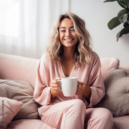 happy woman in pink pyjamas drinking her morning coffee on a pink sofa, front view
