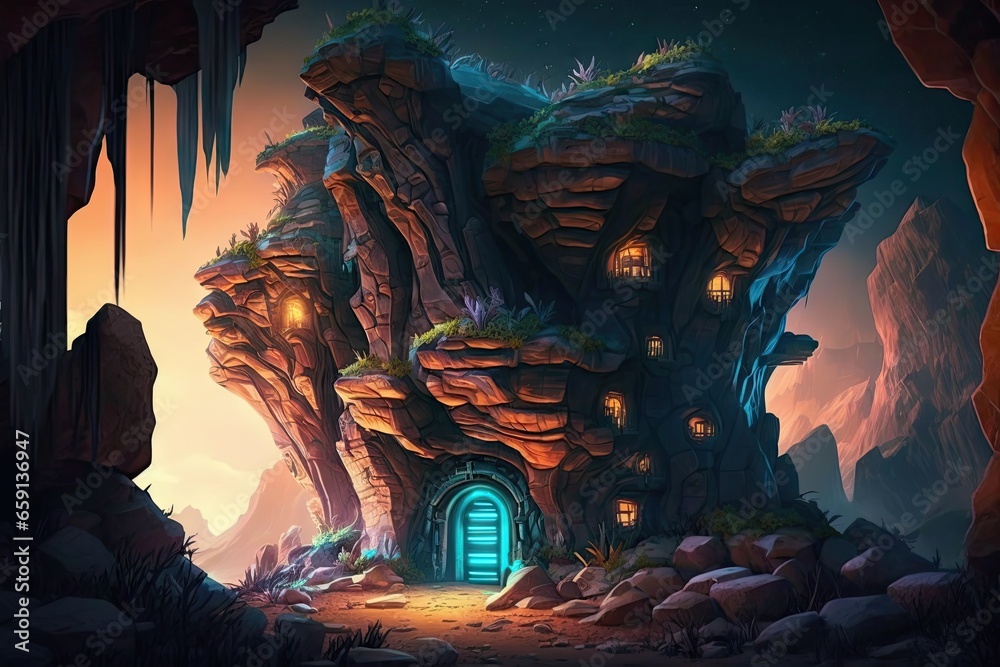 Mystical cave with door