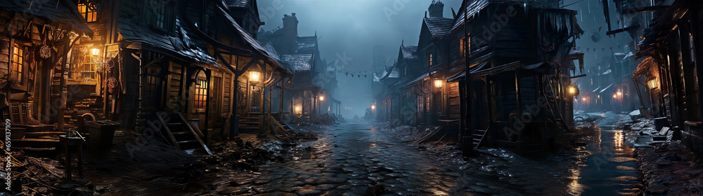 Obraz premium Narrow Streets Of The Old Wooden Town. Illustration On The Theme Of Landscapes And Architecture, History And Travel, Comics And Fantasy. Generative AI