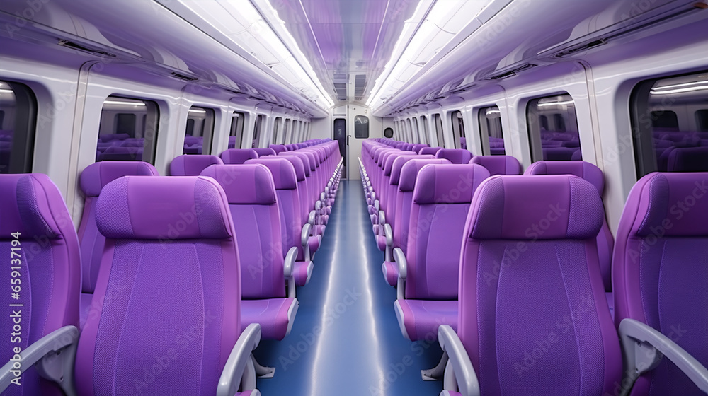 An empty, comfortable interior on a high-speed European train with violet or purple seats..