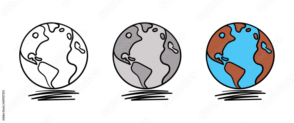 hand drawing outline globe world. hand drawn gray globe earth. scribble colorful globe world