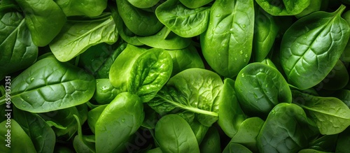Top view of a picture with a background of spinach