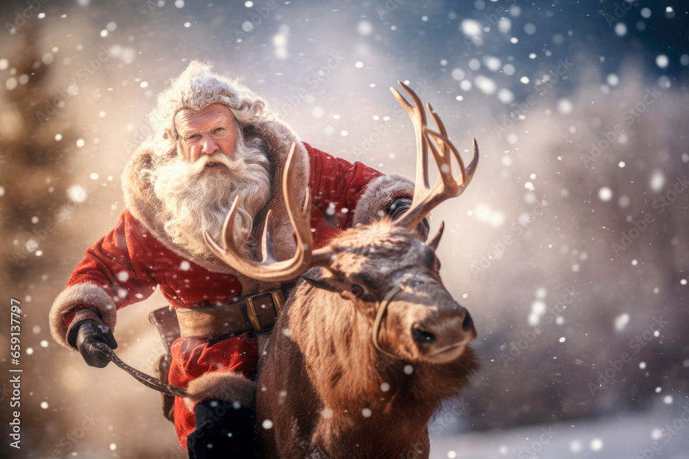 Christmas Adventure: Santa's Sleigh Ride with Rudolph in Snowy Scenic Christmas Adventure: Santa's Sleigh Ride with Rudolph in Snowy Scenic