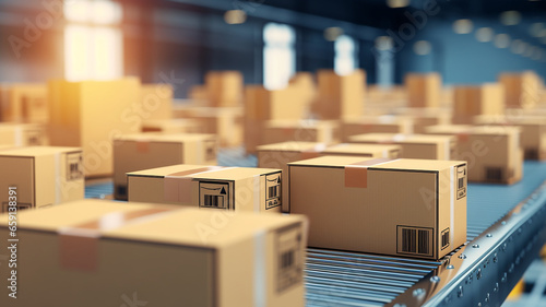 close-up carton boxes on the conveyor belt warehouse © Moribuz Studio