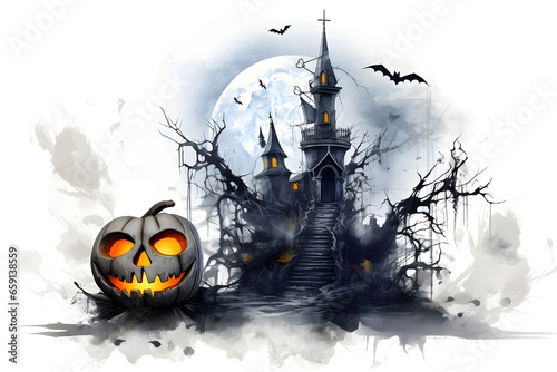 Halloween, castle and pampkin in the night photo