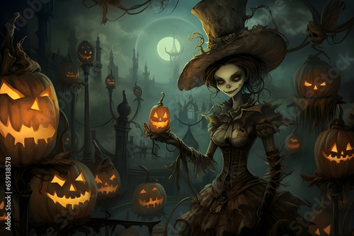 Halloween, witch with pumpkin, nightscape photo