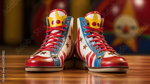 whimsical world of clowning with a close-up of colorful clown shoes on a clean white background  capturing the essence of laughter and entertainment.