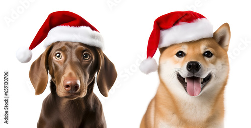 Brown Canines with Santa Claus Hats: A Christmas Dog Set isolated on transparent background - Generative AI © Only Best PNG's