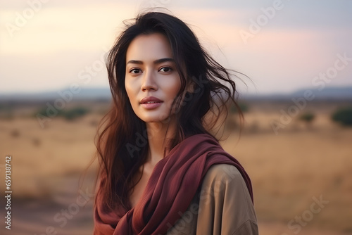 Portrait of a beautiful asian woman in a Safari at sunset