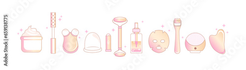 Beauty gadgets,skincare isolated devices for face,face lifting,facial roller massagers,anti-aging theraphy. Facial cleansing devices for beauty routine.Vector cosmetology infographic.Skin care at home