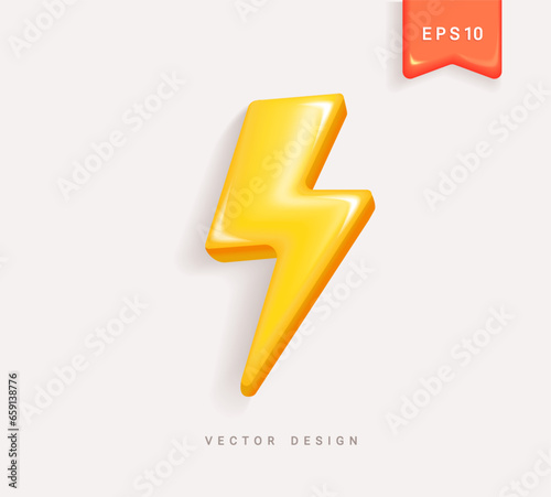 Flash lightning isolated symbol,thunderbolt energy.Battery charge sign.Yellow realistic 3d design.Template vector of conceptual sign of thunderstorm,electricity,battery,electric vehicle,danger