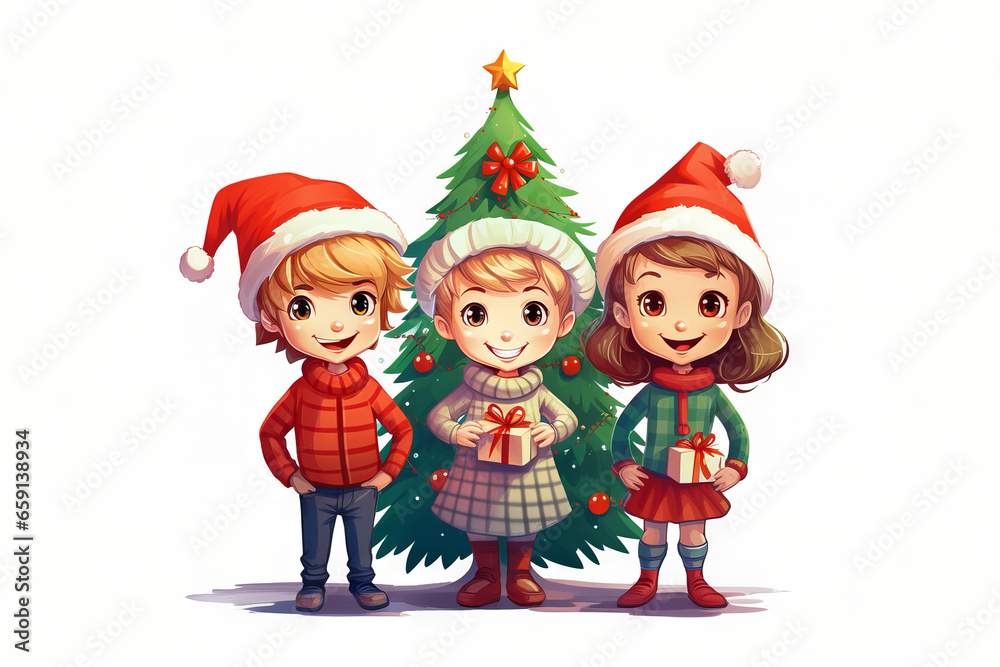 Smiling kids and decorated Christmas tree behind, isolated background