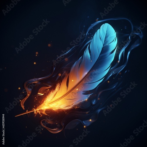 The feather flies in the wind and blazes with a blue flame exuding mysterious energy. High quality illustration
