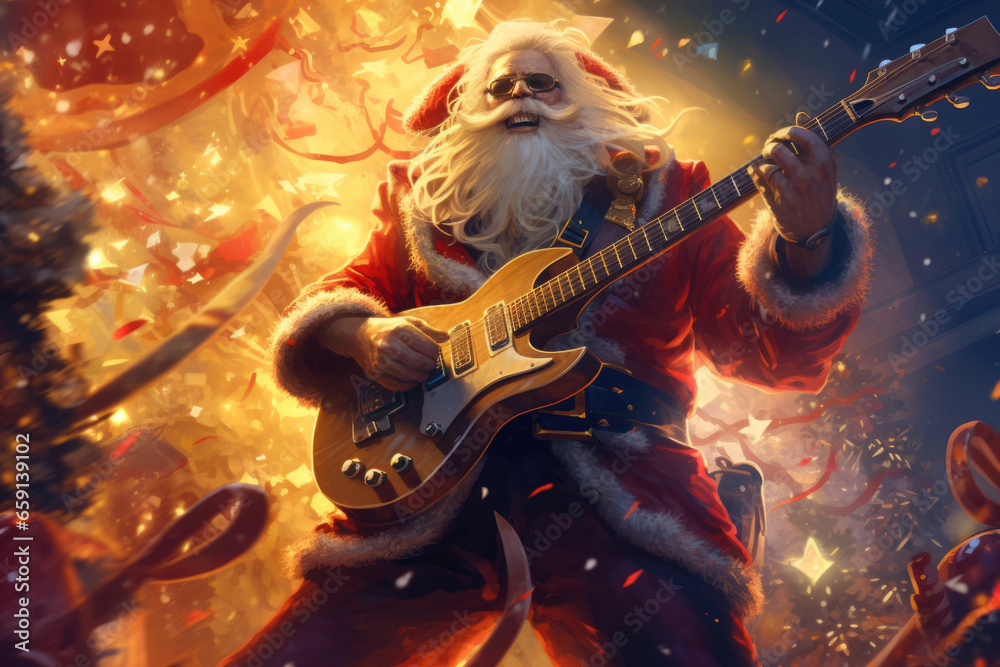 Santa Claus metalhead playing electric guitar at Christmas on festive background - obrazy, fototapety, plakaty 